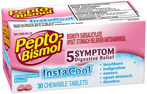 Fast & powerful 5 symptom relief. Pepto-Bismol InstaCool Peppermint - 30 Chewable Tablets ...
