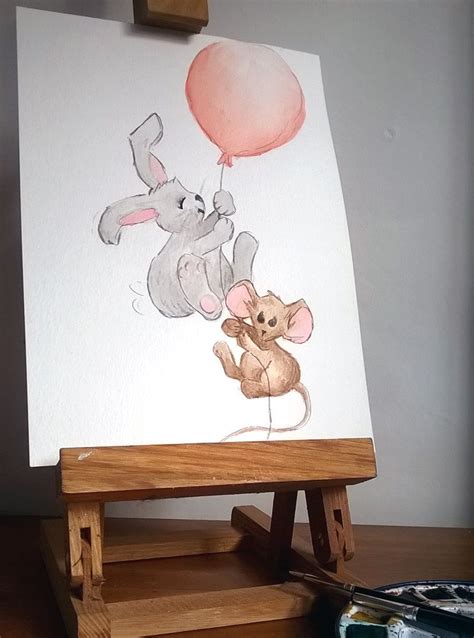 Bunny And Mouse Original Watercolour Painting Nursery Room Art Cute