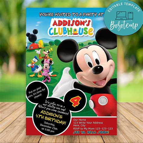 Editable Mickey Mouse Clubhouse Birthday Invitations Diy Bobotemp