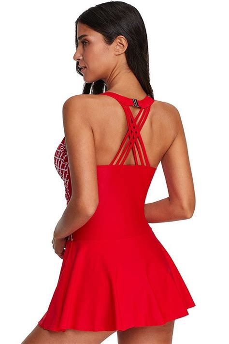 Red Tankini Swimsuit With Swimdress And Printede Design