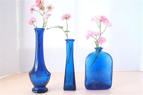 Vintage Cobalt Blue Bottles Vases Set Of Three Rustic Modern Etsy Blue Glass Bottles Bottle