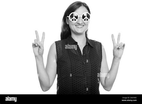 Happy Beautiful Woman Wearing Sunglasses With Peace Sign And Giving Peace Sign Gesture Stock