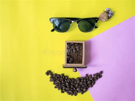 Flat Layer Funny Face Made From Coffee Beans In Smile Icon Shape Stock