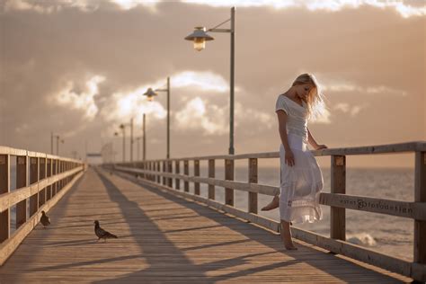 Wallpaper Sunlight Women Model Blonde Barefoot White Dress Evening Morning Seagulls