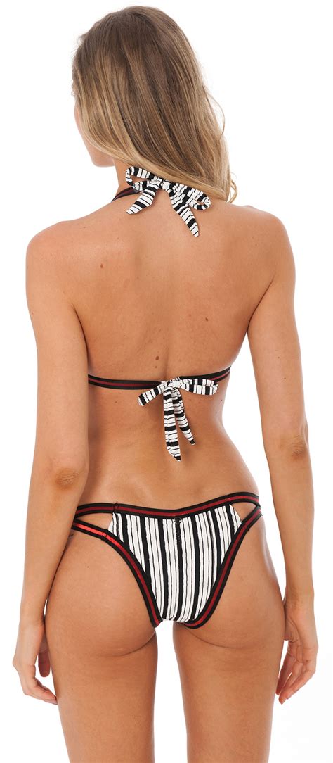 Triangle Halter Striped Bikini With Shiny Red Inserts So Pretty No