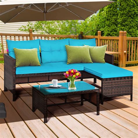 Gymax 3pcs Outdoor Rattan Furniture Set Patio Couch Sofa Set W Turquoise Cushion