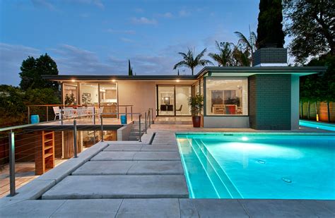 Architectural Photography Of Mid Century Modern Glass House With Pool At Dusk Joe Atlas