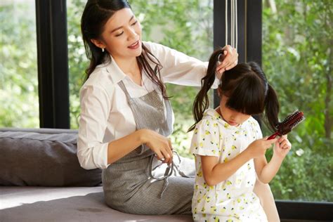 Mother Is Teaching Her Daughter How To Tie And Comb Hair Nohat Free For Designer