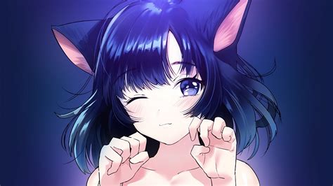 Download 1920x1080 Anime Girl Cat Ears Neko Wink Blue Hair Wallpapers For Widescreen