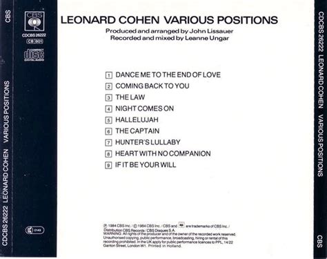 Classic Rock Covers Database Leonard Cohen Various Positions 1984