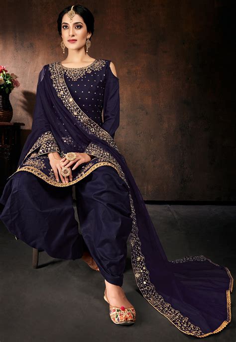 Buy Embroidered Cotton Punjabi Suit In Navy Blue Online Kch6141