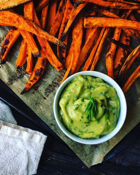 We usually like to have them with ketchup, hot sauce, or sriracha. Sweet Potato Fries with Avocado Dipping Sauce - Sara Sullivan