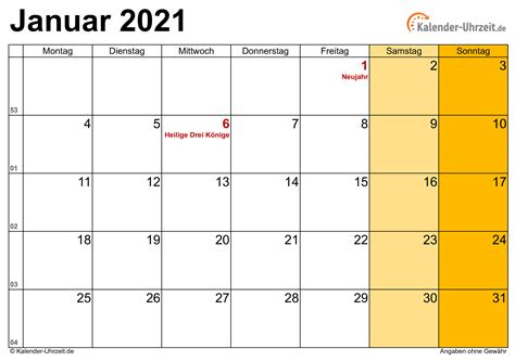 Januar 2021 Wochenkalender 2021 Zum Ausdrucken Excel