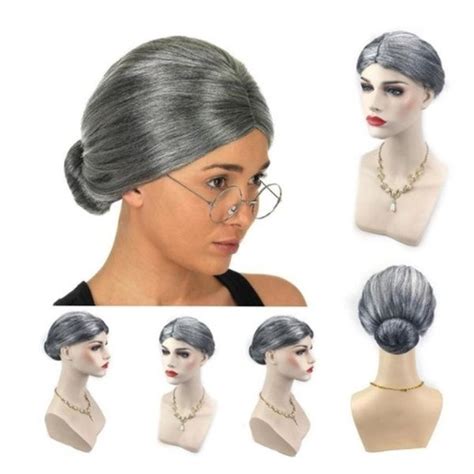 adult grey grandma designer granny old lady costume wig with bun fashion flagship store great