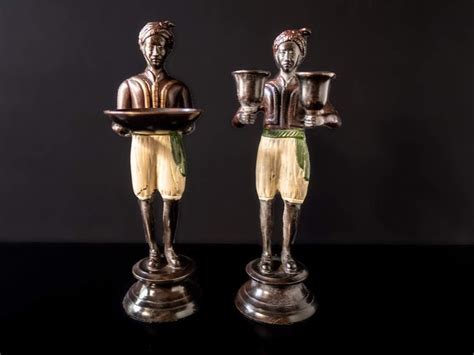 Vintage Bronze Pair Blackamoor Sculpture Statues Candle Holders Moorish