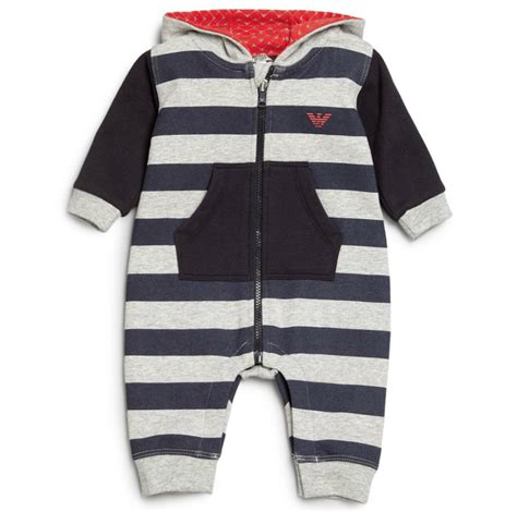Striped Romper In Navy And Grey With Red Details It Has A Front Zipper