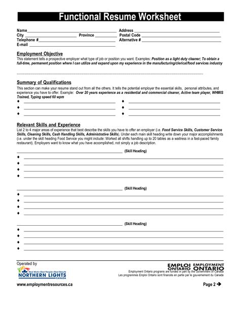 Resume Worksheet Printable Template Business Psd Excel Word Pdf