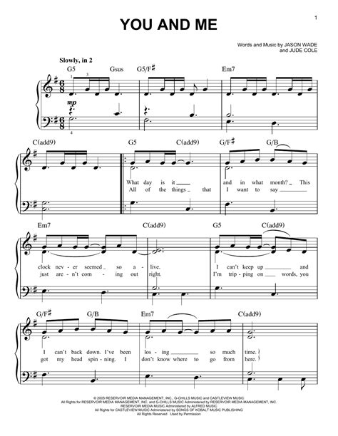 You And Me Sheet Music Lifehouse Easy Piano
