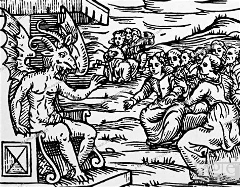 Woodcut Depicting Satan On His Throne Addressing Witches And Warlocks