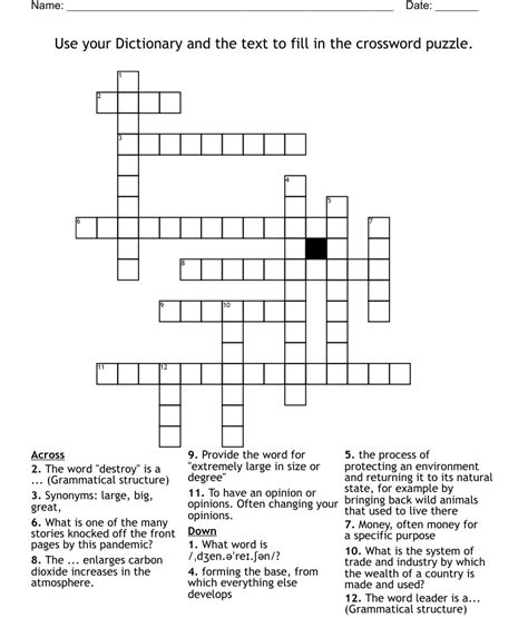 Use Your Dictionary And The Text To Fill In The Crossword Puzzle