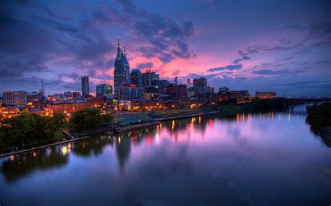 River Lights City Usa Tennessee Urban Nashville Cityscape Sky