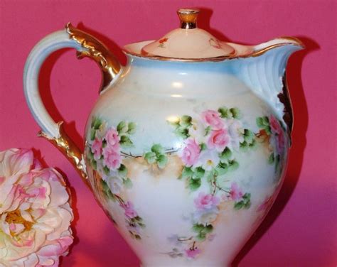 Antique Limoges Chocolate Pot D And C France Hand Painted Pink And Blue
