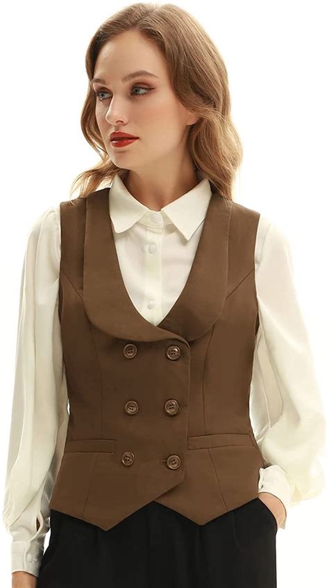 Belle Poque Women Double Breasted Waistcoat Vintage Lapel Collar Vest Coat With 2 Pockets In