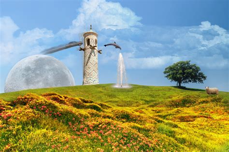 Nazanin Surreal Digital Art Hill Moon Dolphin Tower Sheep