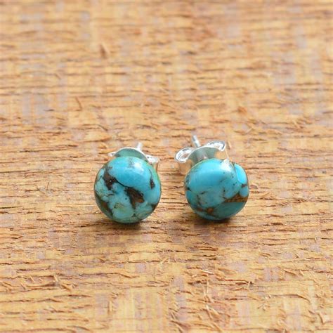Turquoise Stud Earrings 925 Sterling Silver Blue Copper Etsy