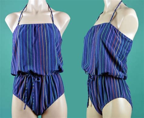 womens one piece swimsuit vintage 1970s 70s cotton stripe