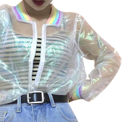 2018 Jacket Laser Rainbow Symphony Hologram Women Coat Iridescent Tran
