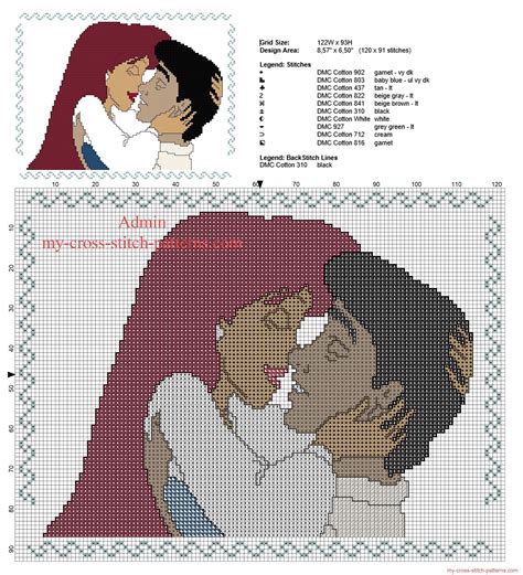 Dmc stranded cotton required colors: Ariel and Eric kiss cross stitch pattern from Disney The ...