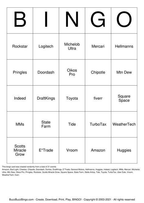 2021 Superbowl Commercials Bingo Cards To Download Print And Customize