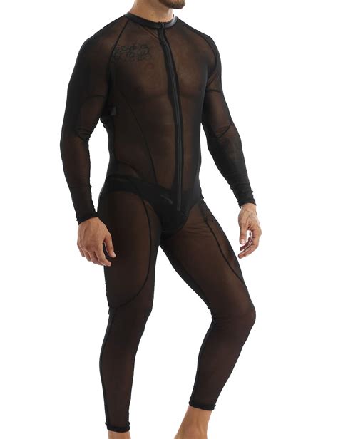 Buy Men S Sheer Mesh See Through Zipper Front Bodysuit Leotard Jumpsuit