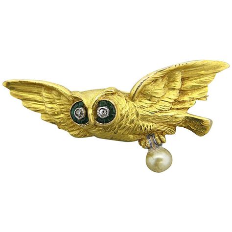 Art Nouveau Pearl Emerald Diamond Gold Owl Brooch From A Unique Collection Of Vintage Brooches