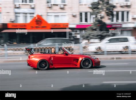 Ukraine Kyiv 16 July 2021 Red Honda S2000 Car Moving On The Street