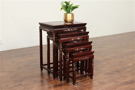 Set Of 4 Vintage Rosewood And Inlaid Pearl Chinese Nesting Tables