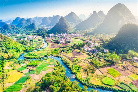 Landscape Of Guilin Li River And Karst Mountains Located Near