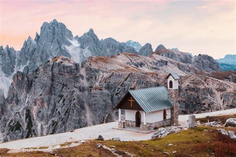 Famous Dolomites Giant Mountains Peaks And Chapel Near Drei Zinnen Tre