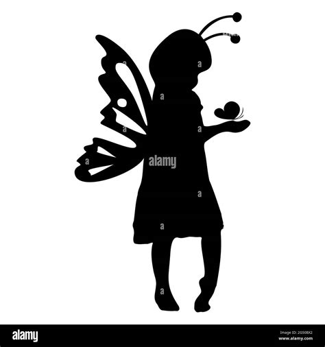 Little Girl Silhouette With Buttefly Wings Vector Illustration Stock