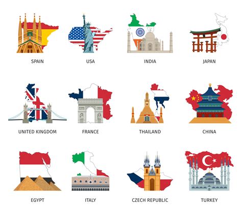 Countries Flags Landmarks Flat Icons Set 472374 Vector Art At Vecteezy