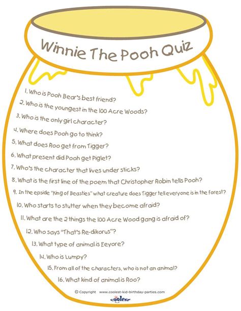Printable Winnie The Pooh Quiz Disney Baby Shower Bee Baby Shower