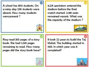 Each sheet consists of a range of 5 addition and subtraction word problems with numbers up to thousands. Addition and Subtraction Word Problems - Task Cards for ...