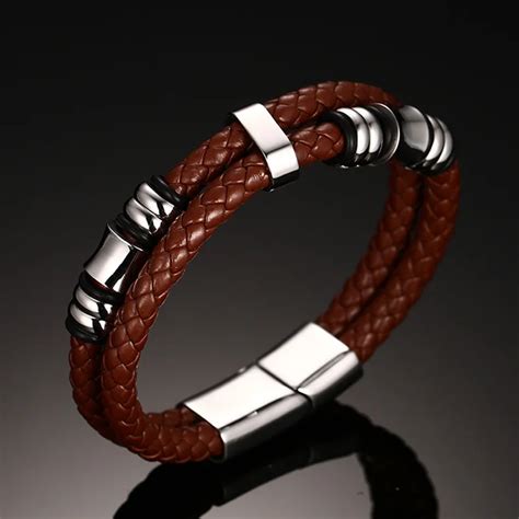 Mens Double Braided Leather Bracelet In Brown Stainless Steel Magnetic