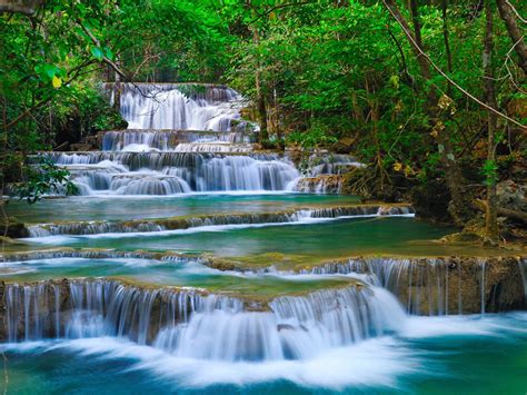 Tropical Cascade Waterfall In Kanchanaburi Thailand Nature Forest Green