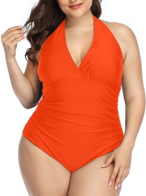 Daci Women Plus Size One Piece Swimsuits Orange Halter V Neck Tummy