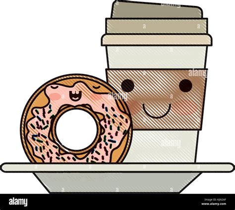 Kawaii Einweg Tasse Kaffee Und Donut Creme Glasiert In Farbige Kreide