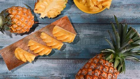 Fresh Sliced Pineapple On Wooden Plate Tropical Fruits Summer Concept