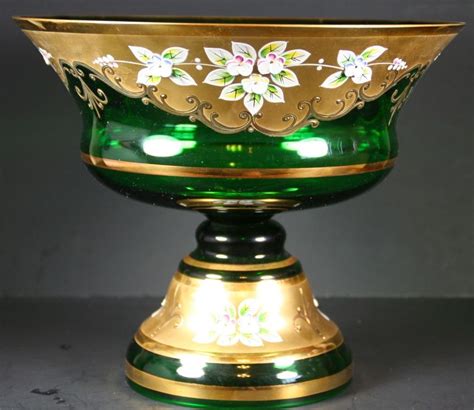 Bohemian Czech Emerald Green K Gold Enamel Hand Cut Crystal Vase