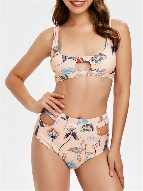 [43 off] cut out floral print high waist bikini set rosegal
